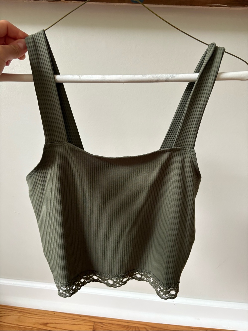 American Eagle Outfitters Olive Ribbed Lace-Trim Crop Tank